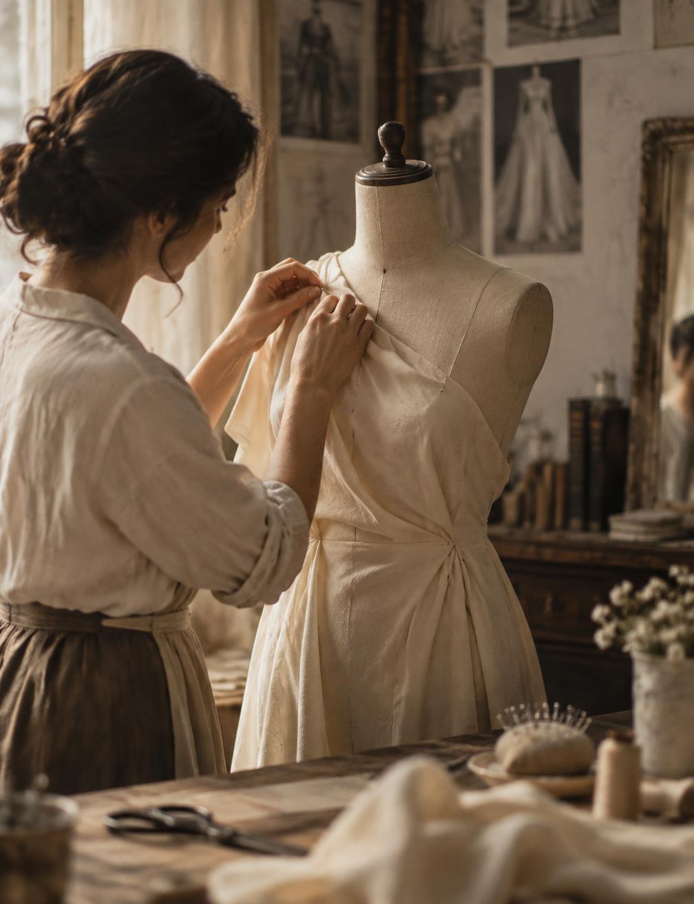 Hands pinning cream fabric on a dress form in the atelier
